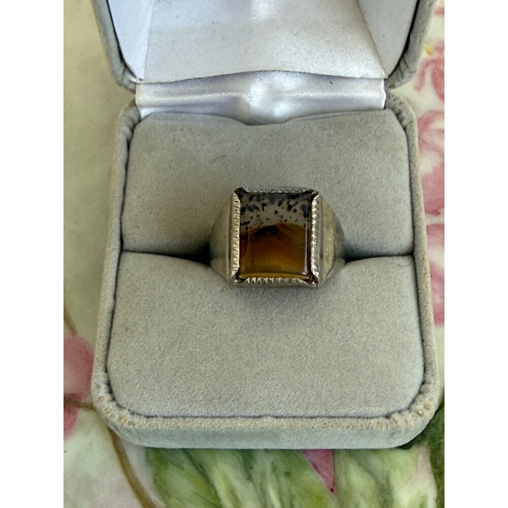 Vintage 50s Wheeler Mfg Sterling Dendritic Spotted Picture Agate Ring Sz 6 3/4